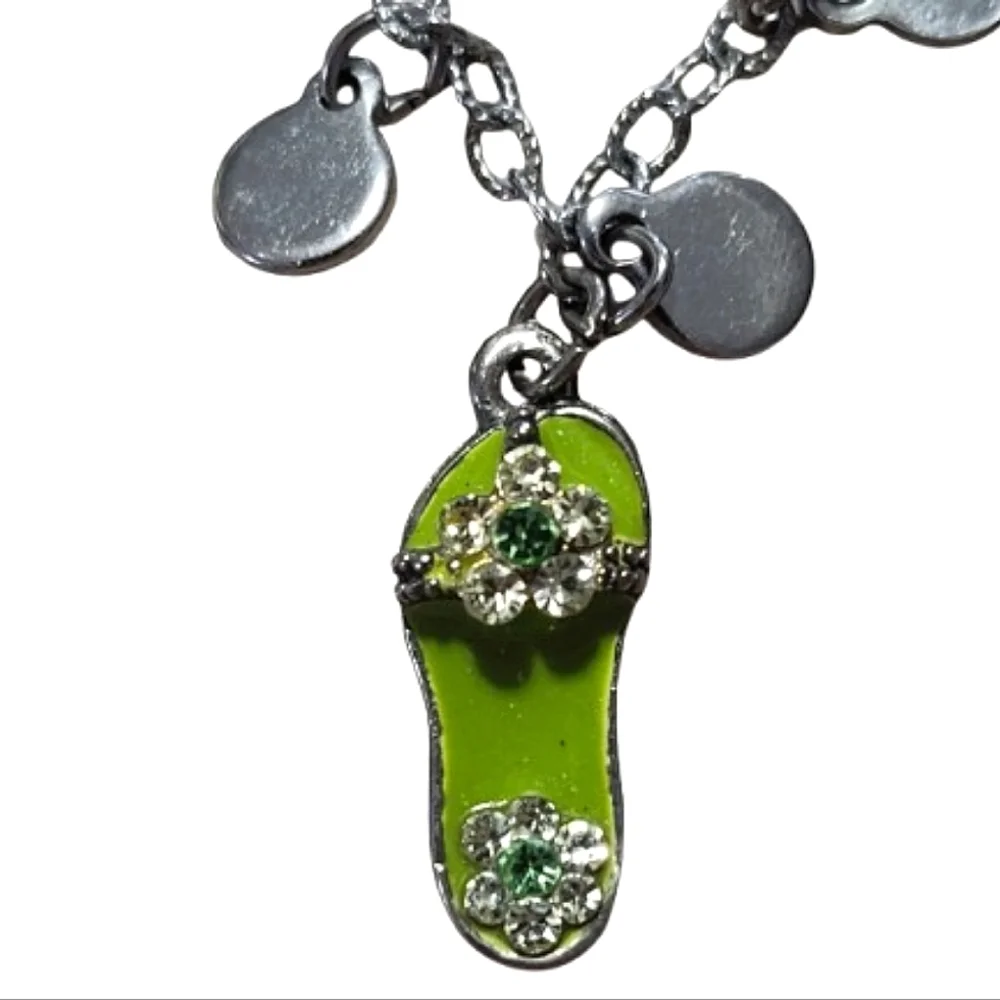 Elegant Silver and Blue Rhinestone Butterfly & Green Flip-flop Charm Bracelet